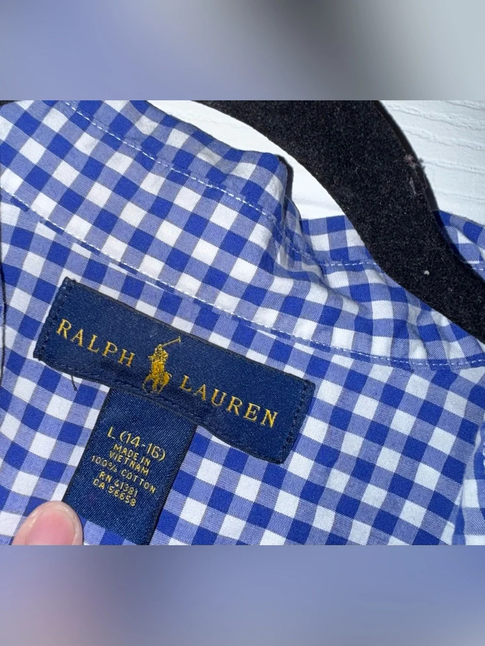 Ralph Lauren Boys L 14-16 Blue Gingham Button Down Short Sleeve Shirt